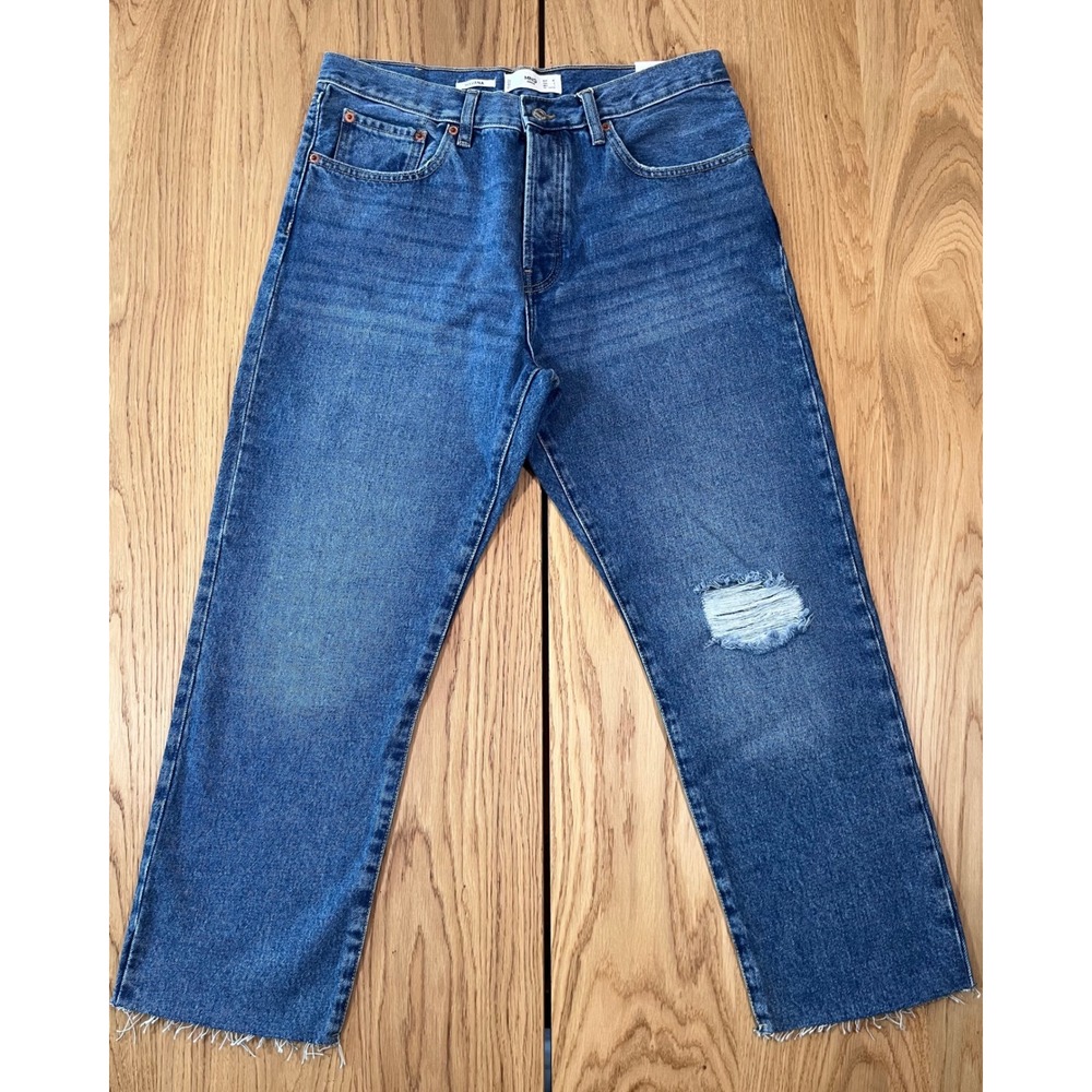 Mango Havana Straight Leg Jeans Women Size 8 Blue Distressed Cropped High Waist